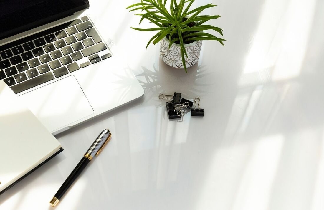 A laptop, notebook, and pen on a bright white desk beside a small potted plant