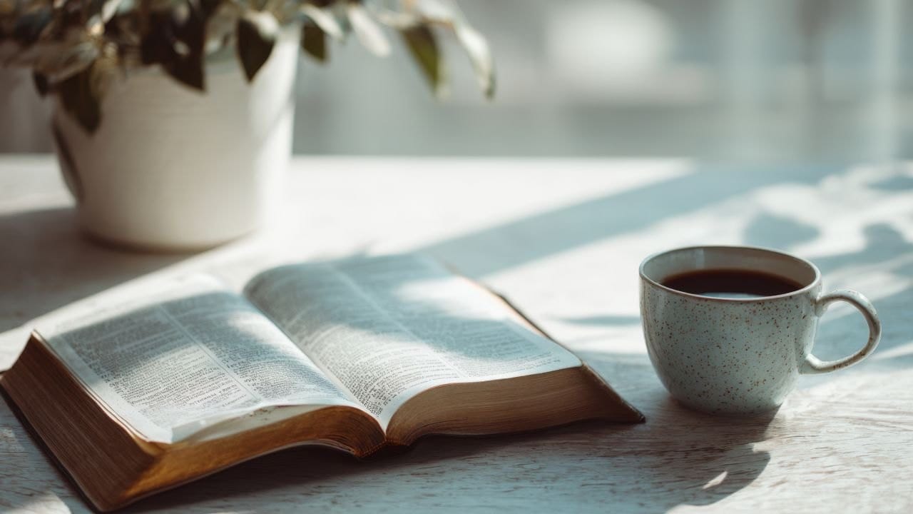 An open book and a cup of tea in soft morning sunlight